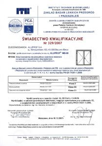 ALUPROF Świadectwo kwalifikacyjne nr 329